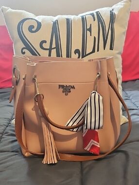 Prada Peach-Tan Leather Bucket Tote with Tassel and Scarf